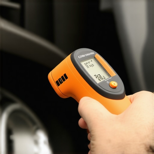 Testing Catalytic Converter Temperature Mechanic using an infrared thermometer on a car's exhaust system to diagnose a sulfur smell.