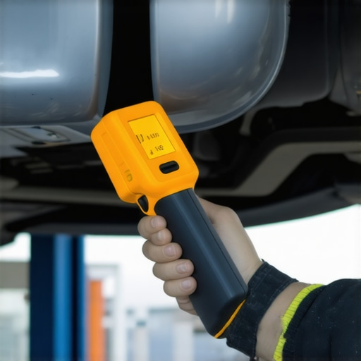 Mechanic using an infrared thermometer on a catalytic converter to check for blockages.