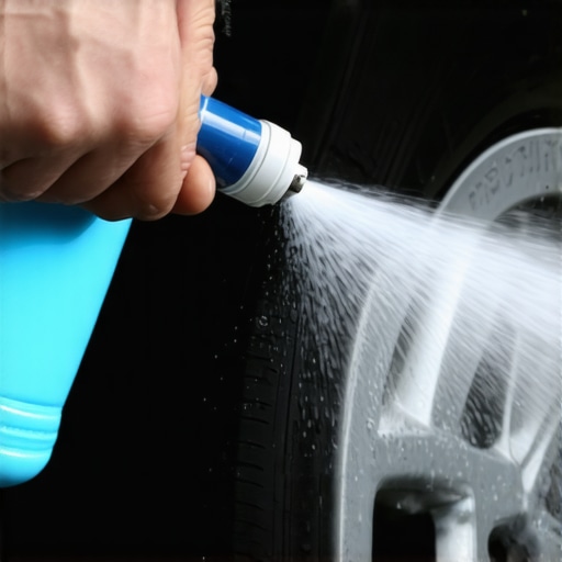 Soapy water bubbles forming on a tire valve stem to identify a leak location.
