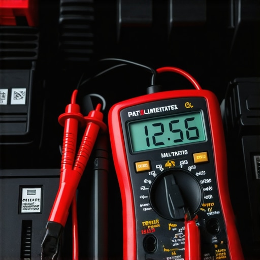 Testing car battery voltage with a digital multimeter A digital multimeter measuring the voltage of a car battery to check its charge level.