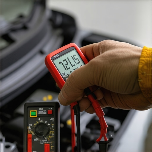 Testing car battery voltage with a multimeter A digital multimeter testing a vehicle battery to diagnose charging system health.