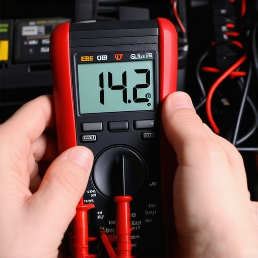 Testing car battery voltage with a multimeter A person using a digital multimeter to check the charging voltage of a car battery to diagnose a bad alternator.