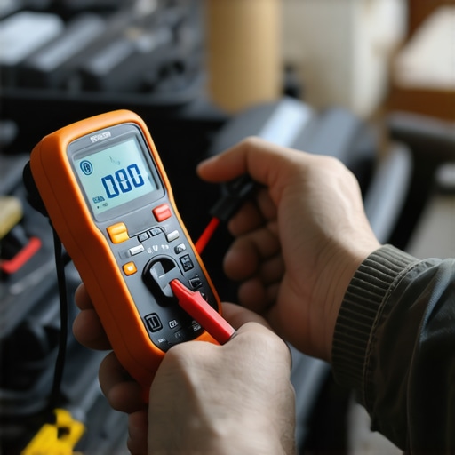 A person using a multimeter to check the voltage of a car battery in an engine bay.