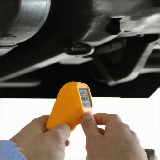 Mechanic using a laser thermometer on a car exhaust system to diagnose a sulfur smell.