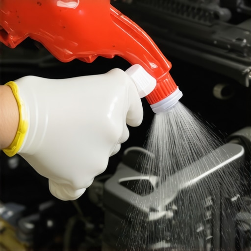 A spray bottle being used to identify a whistling air leak in an engine bay.
