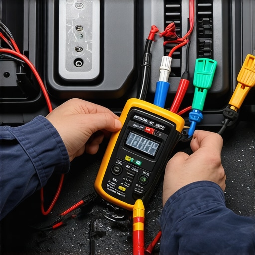 A digital multimeter connected to a car battery to diagnose electrical power leaks.
