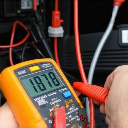 Testing fuel pump voltage with a multimeter A technician using a multimeter to check the electrical health of a fuel pump system.