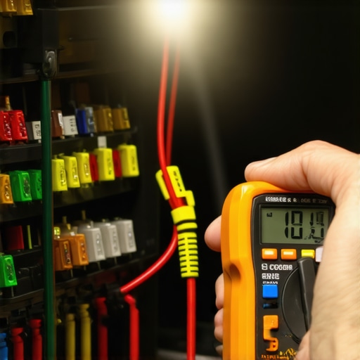Testing hidden car fuses with a multimeter Close-up of a person using a multimeter to check for a blown fuse in a car's interior panel.