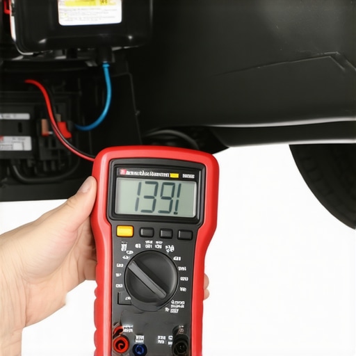 Testing the car horn relay with a multimeter A technician using a multimeter to check voltage on a vehicle fuse box relay