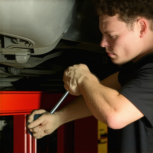 Tightening suspension components under load Mechanic tightening suspension bolts with vehicle weight on the wheels