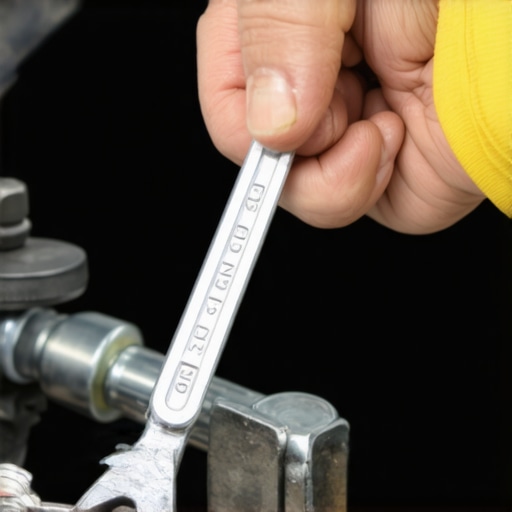 Close-up of a wrench adjusting a vehicle parking brake cable under the chassis to prevent rolling.