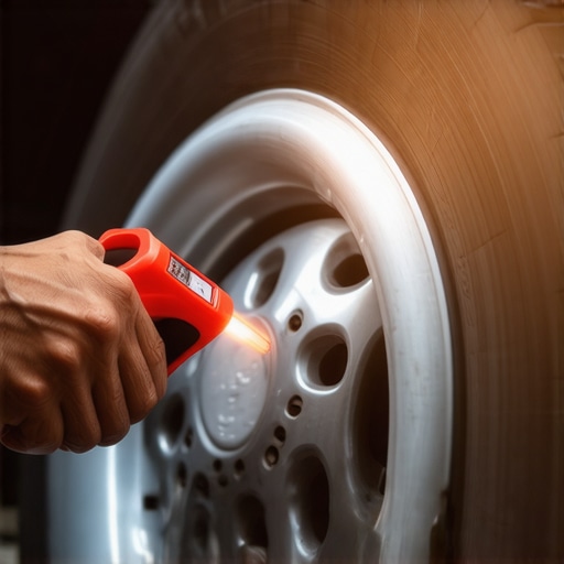 Mechanic measuring brake rotor temperature to diagnose steering pull.