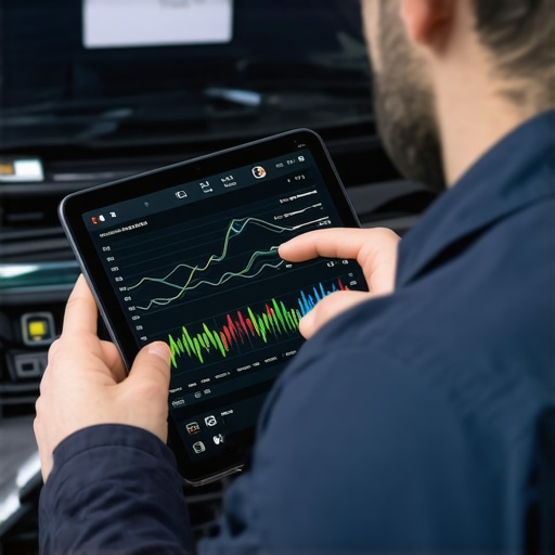 A mechanic analyzing vehicle performance data on a high-end diagnostic tablet.