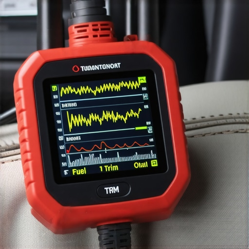 Mechanic using a bidirectional diagnostic tool to check fuel trim and exhaust backpressure data