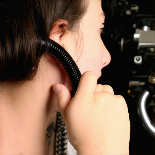 A person using a garden hose to listen for vacuum leaks in a car engine.