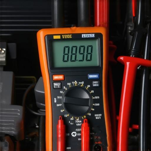 Using a Digital Multimeter for Battery Diagnostics Close-up of a digital multimeter measuring battery voltage on a modern car engine.