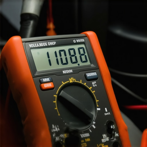 Using a Multimeter for Advanced Vehicle Diagnostics High-quality digital multimeter measuring voltage drop on a car battery terminal.