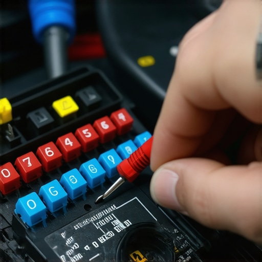 Technician testing car fuses with a digital multimeter to find electrical issues.