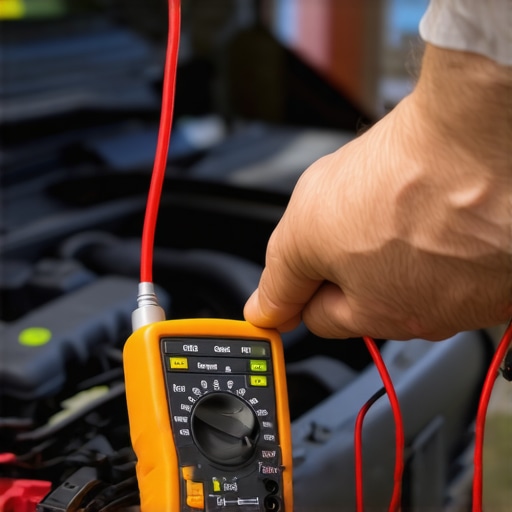 A technician testing car battery voltage with a digital multimeter in an engine bay.