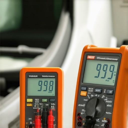 Mechanic using a digital multimeter to check car battery health under the hood.