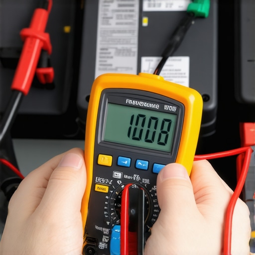 Close-up of a digital multimeter testing a car battery voltage to diagnose electrical issues.