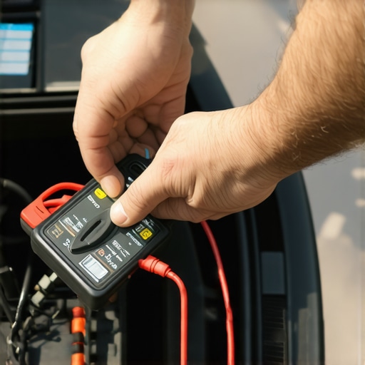 Checking car battery voltage with a multimeter to diagnose flickering headlights