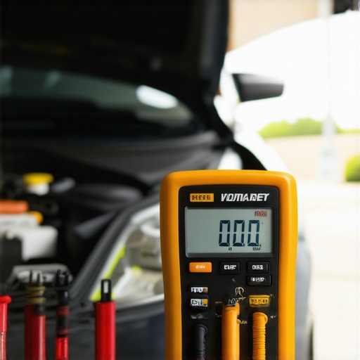 A technician using a digital multimeter to check car battery voltage to ensure it's not causing false transmission codes.
