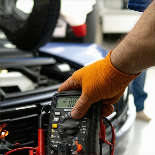 Using a Multimeter to Diagnose Vehicle Battery Issues Mechanic testing a car battery with a digital multimeter to identify overcharging issues