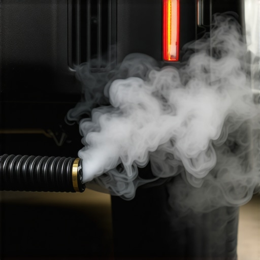 Using a Smoke Machine to Find Intake Leaks A diagnostic smoke machine revealing a vacuum leak in a car engine intake hose.