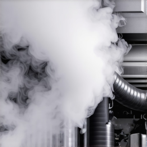 White smoke escaping from a cracked intake hose during a diagnostic test.