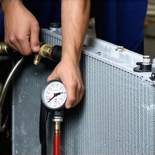 Using a cooling system pressure tester A mechanic testing a car cooling system for leaks using a pressure pump and gauge.