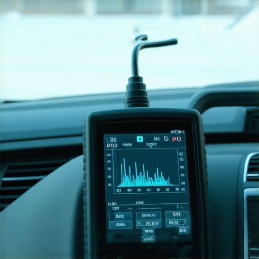 A digital OBDII scanner displaying vehicle data to diagnose transmission issues in cold weather.