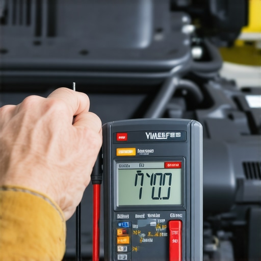 Using a multimeter for automotive electrical diagnostics Close up of a mechanic using a digital multimeter on a car engine
