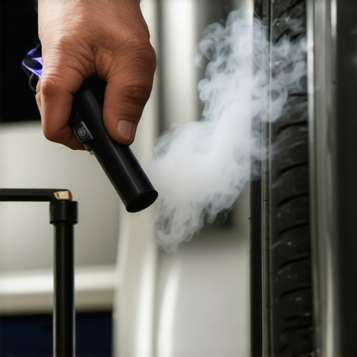 Mechanic detecting a vacuum leak in a car engine using smoke diagnostics.