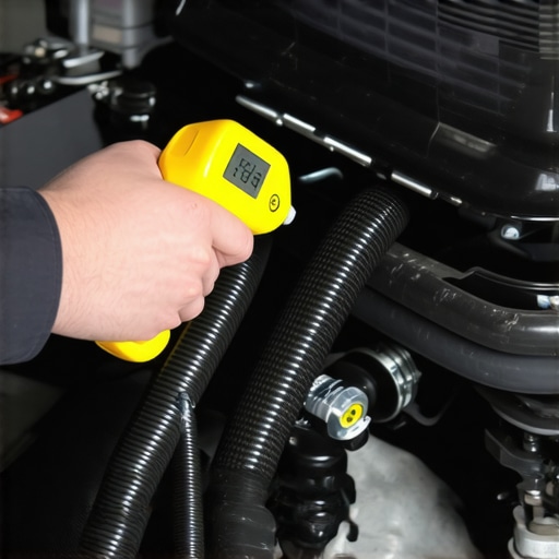 A mechanic measuring the temperature of a car radiator hose with a digital infrared thermometer.