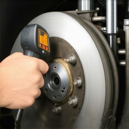 Using an Infrared Thermometer for Brake Diagnostics Mechanic measuring brake rotor temperature with a laser thermometer to find a stuck caliper.