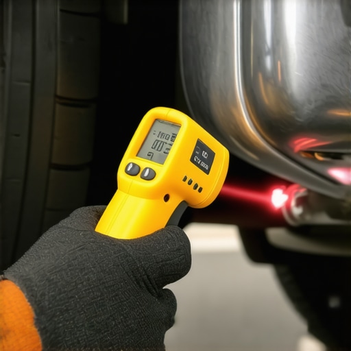 Mechanic measuring exhaust heat shield temperature with a laser thermometer tool.