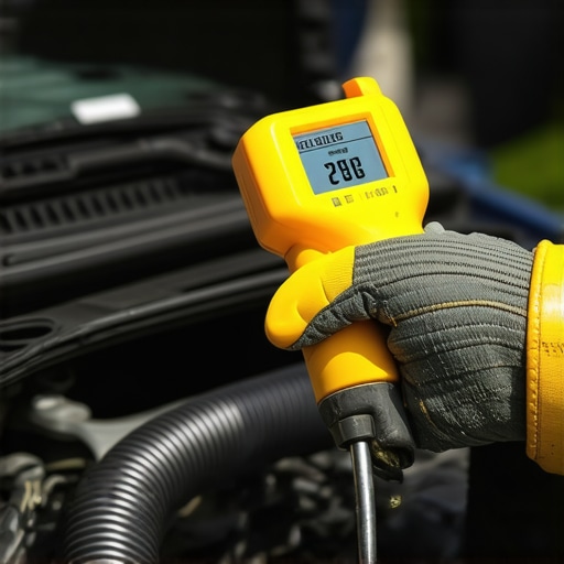 Close-up of an infrared thermometer measuring engine temperature