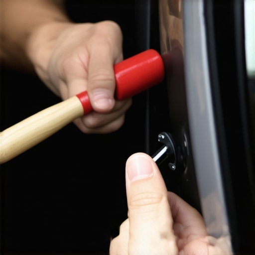 A person demonstrating how to hit a car door to fix a stuck window motor.