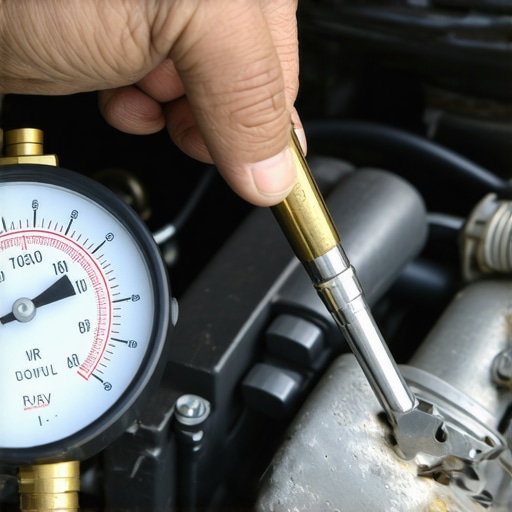 Close-up of a vacuum gauge being used to diagnose a clogged catalytic converter on a car engine.