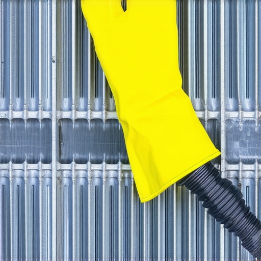 A yellow latex glove inflated on a radiator neck during a DIY head gasket test.